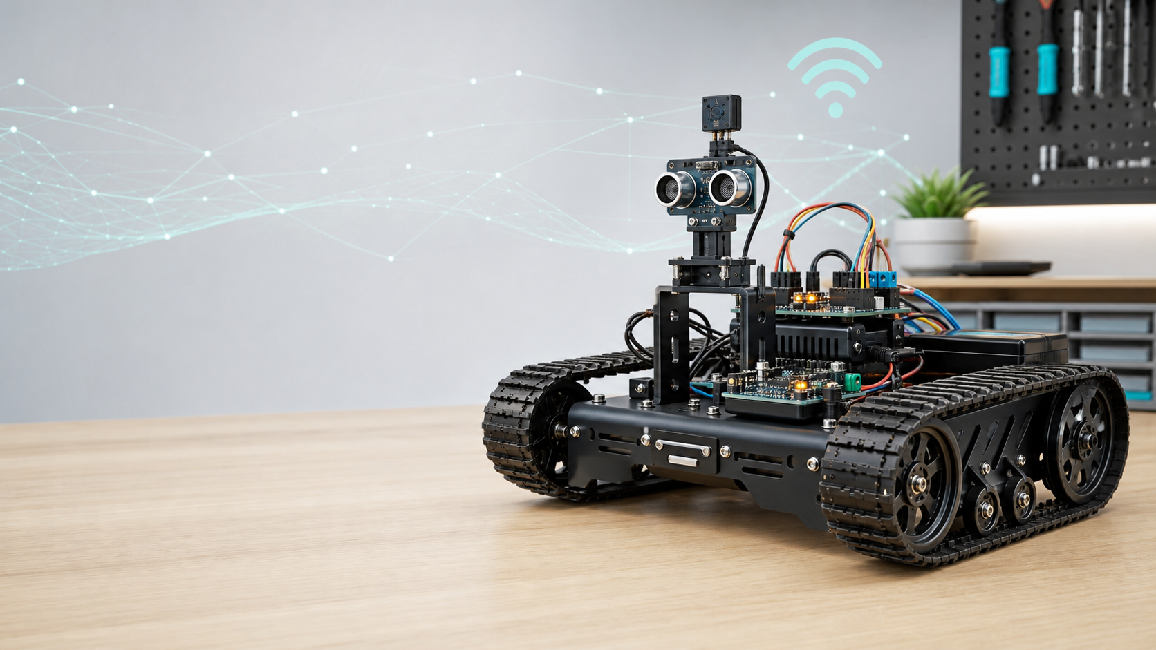Tracked robotics prototype on a workbench with network visualization